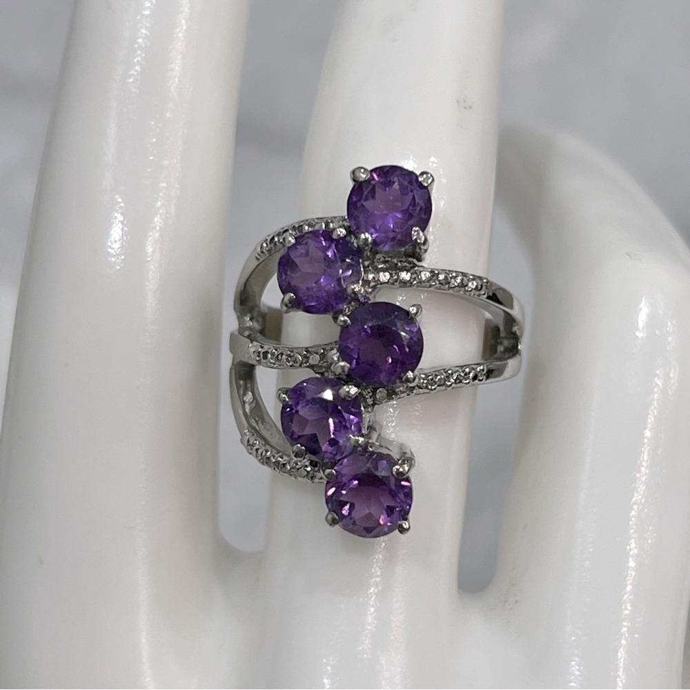 Amethyst 5 Stone Silver Crawler Ring Sz 8